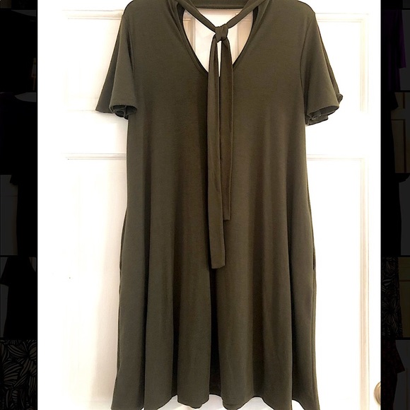 NWT Zenana Outfitters Army Green Sash Tie A-Line Dress (S) - Picture 6 of 8